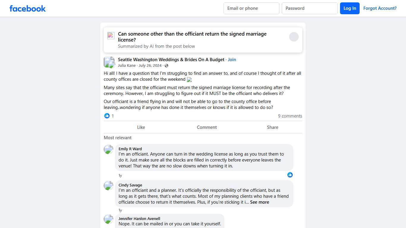 Seattle Washington Weddings & Brides On A Budget Hi all! I have a question that I'm struggling to find an answer to, and of course I thought of it after all county offices are closed for the weekend ... Facebook