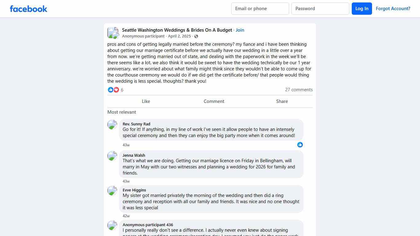 Seattle Washington Weddings & Brides On A Budget pros and cons of getting legally married before the ceremony Facebook